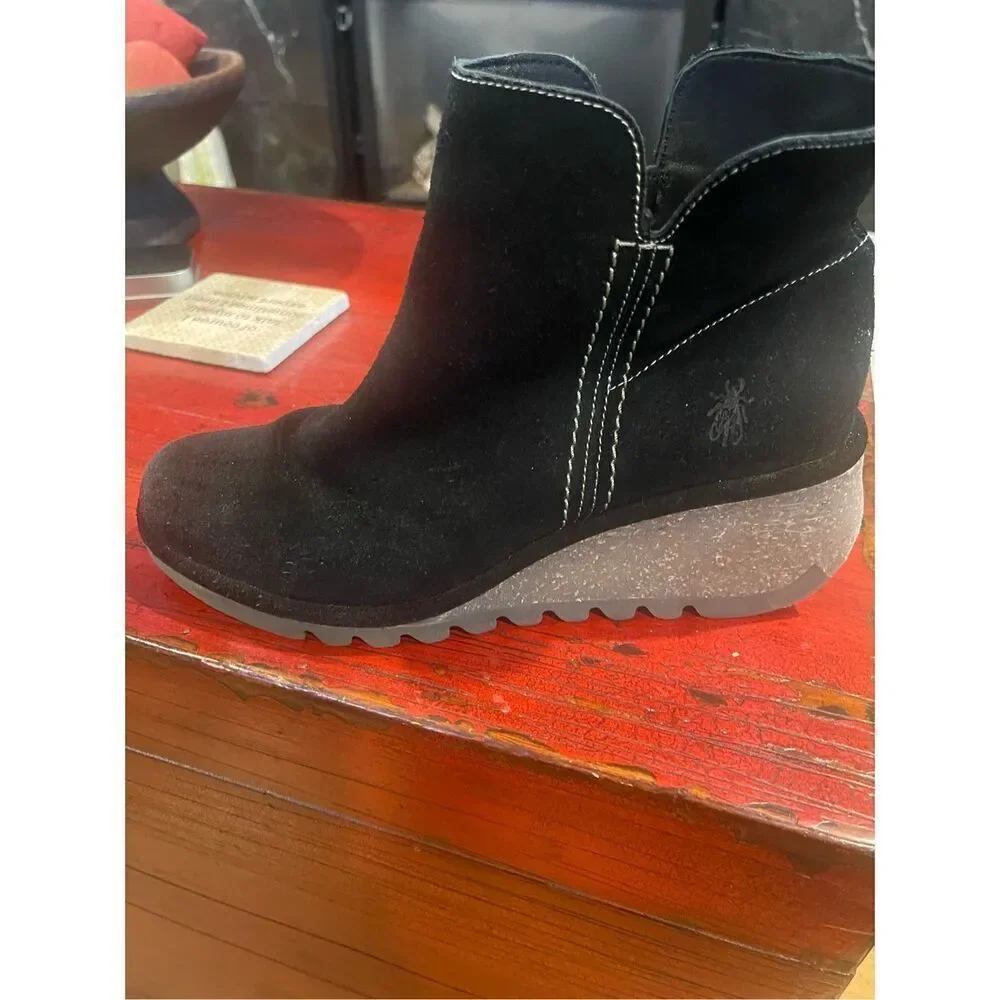 FLY London - Suede Ankle Boots Wedge Heel Bootie with Zipper - Nilo - Black. SIZ - Picture 7 of 10